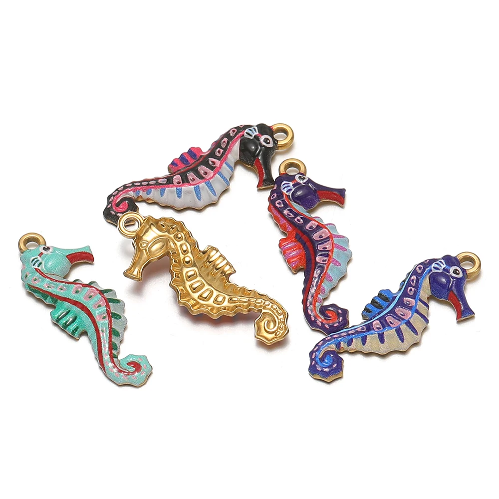 4 Stück goldene Edelstahl-Emaille-Seepferdchen-Anhänger für Kinderarmbänder, Ohrringe, Zubehör, DIY-Halsketten-Charms, Schmuckherstellung – Detail 4