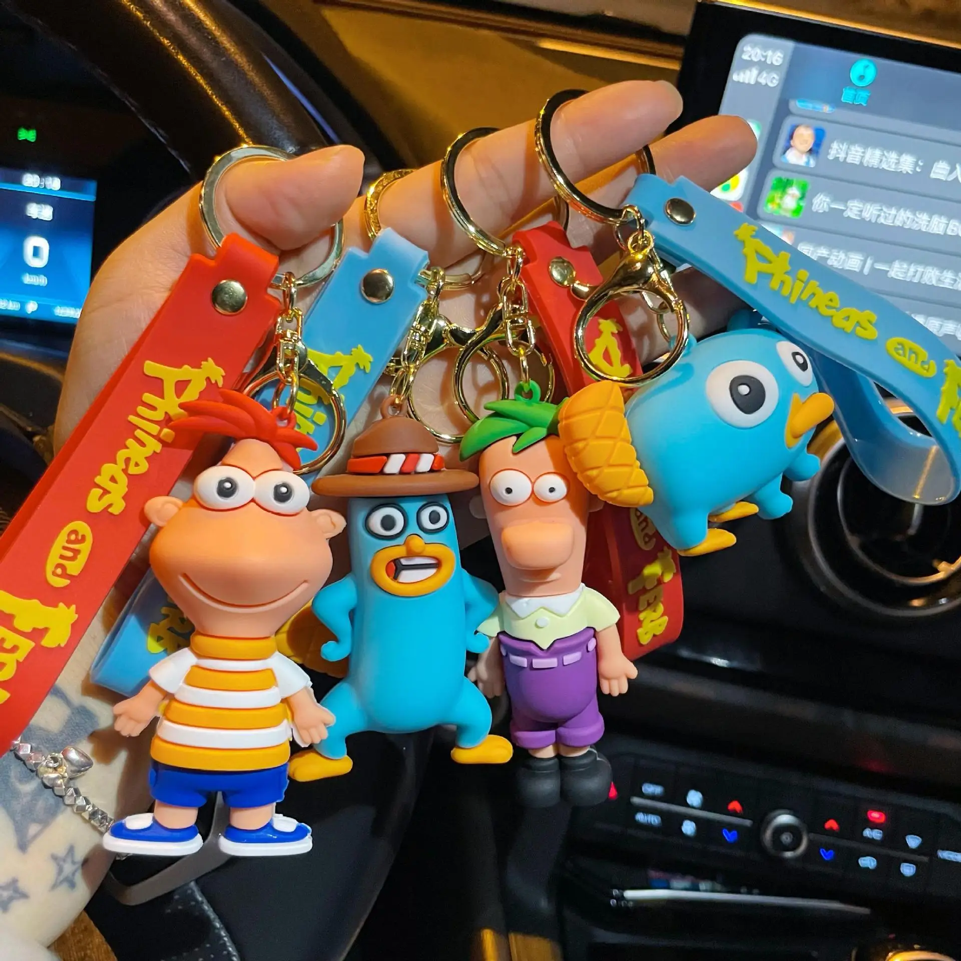 Disney Phineas And Ferb Keychain On The Phone Anime The Platypus Pvc Figure Keychain Bag Accessories Toys Christmas Gifts