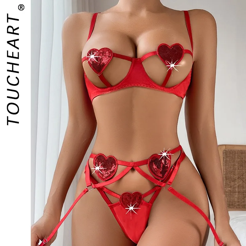 

Toucheart Erotic Love Lingerie Panty Garters Patchwork 3PCS Skinny Backless Delicate Hot Women Seductive Intimate Underwear Set