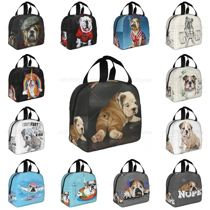 Cute English Bulldog Lunch Bag Portable Insulated Thermal Cooler British Dog Lunch Tote for Women Children School Food Bento Box