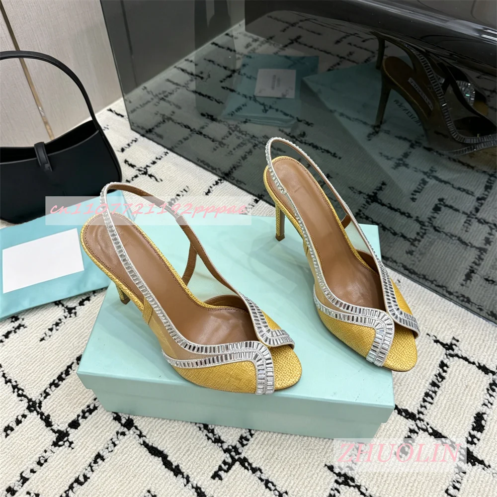 Luxury Genuine Leather High Heel Sandals Women Woven Rhinestone Trim Open Toe Thin Stiletto Elegant Wedding Summer Dress Shoes view 4