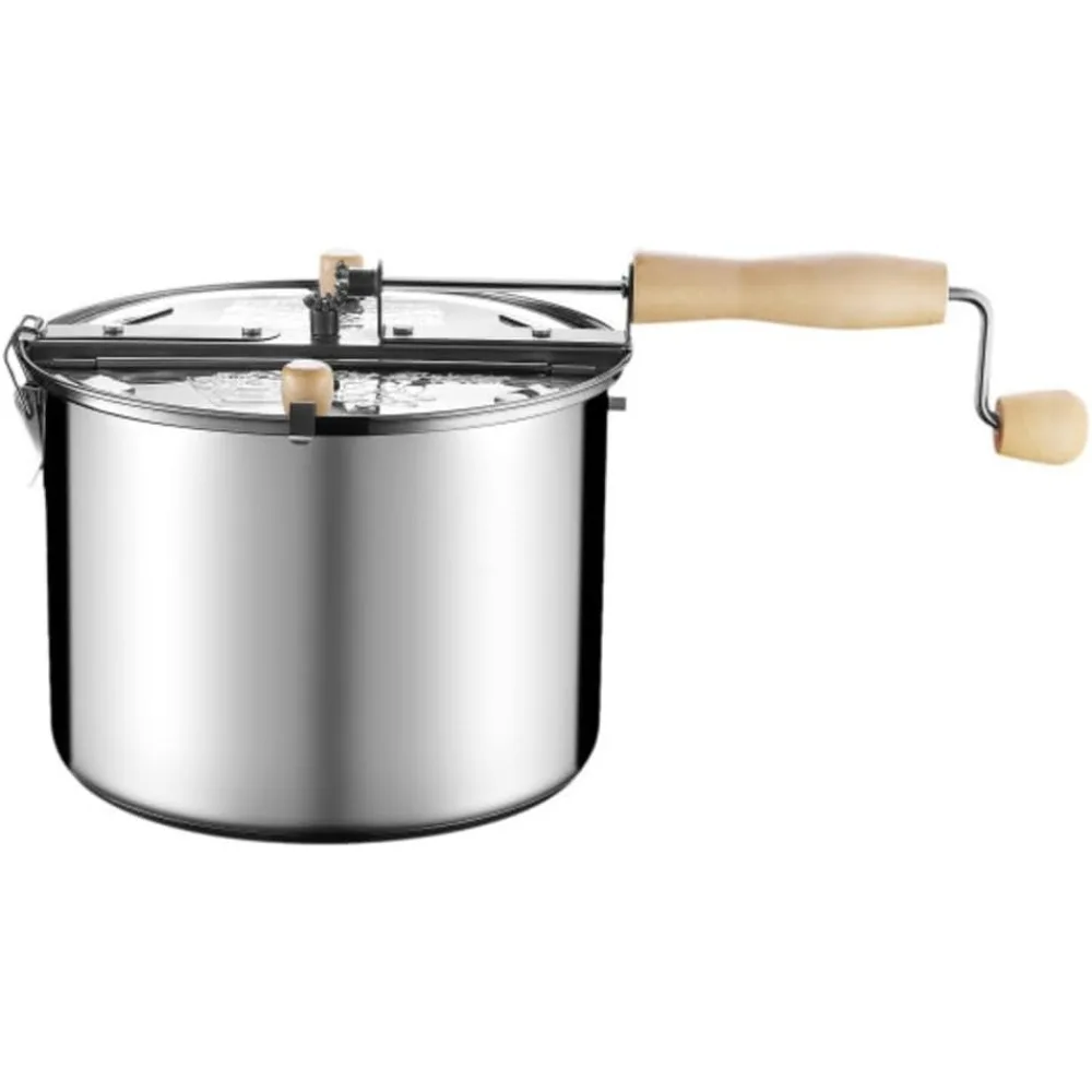 ماكينة صنع الفشار الفضية سعة 6.5 لتر من الفولاذ المقاوم للصدأ مع كرنك يدوي وغطاء بفتحات تهوية ومجداف تحريك، سهلة الاستخدام، متينة