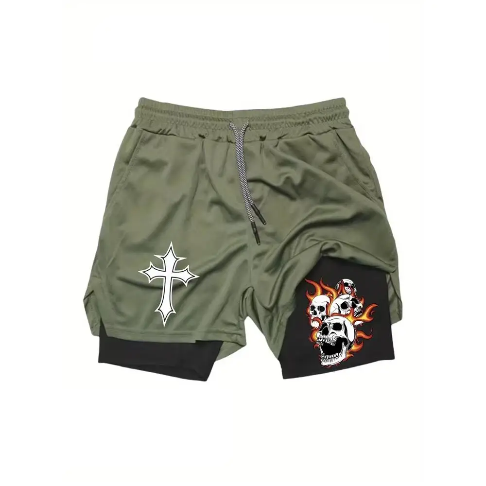 Short de Fitness deux en un pour hommes, pantalon de plage Double couche, imprimé tendance, sport, entraînement en plein air, course à pied, HX0047