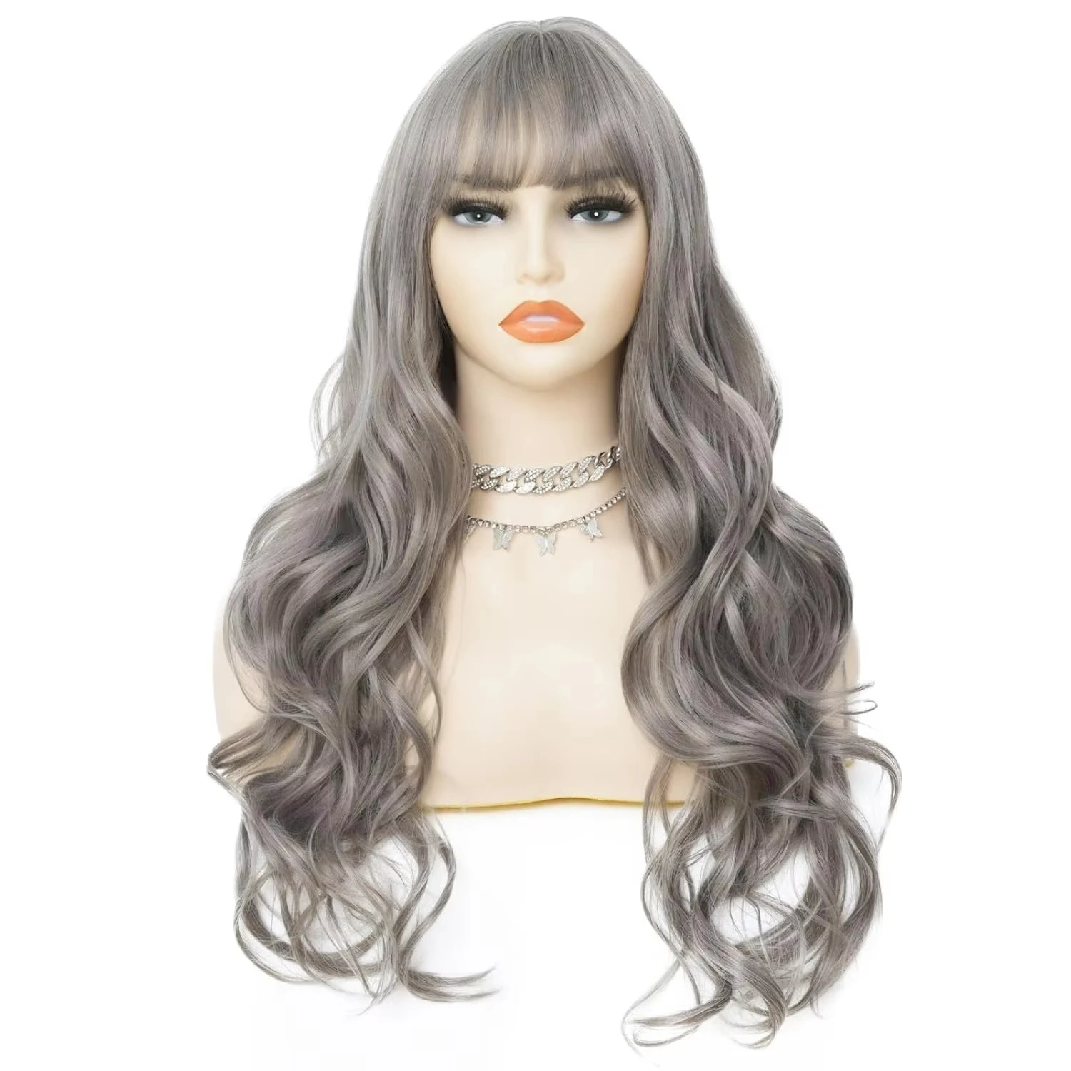 Gray Long Wavy Fringe Synthetic Wig, Halloween Party Cosplay Character Costume Wig, Daily Wig, Hot Weather Silk Wig Headband