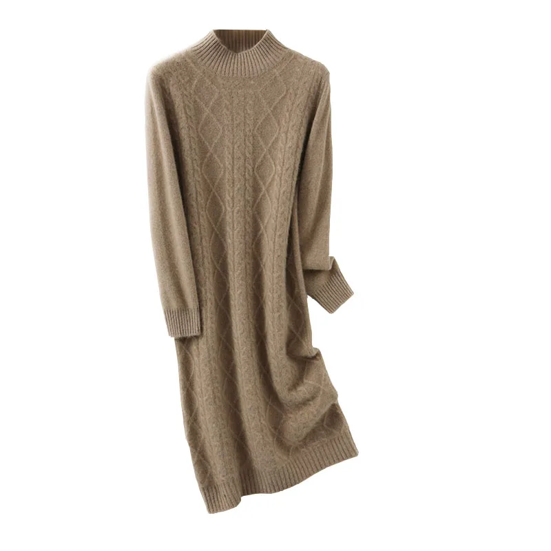 High-End 100% Wool Turtleneck Pullover Women Casual Long Dresses Sweater 2021 Autumn Winter Loose Soft Knitted Large Size Jumper