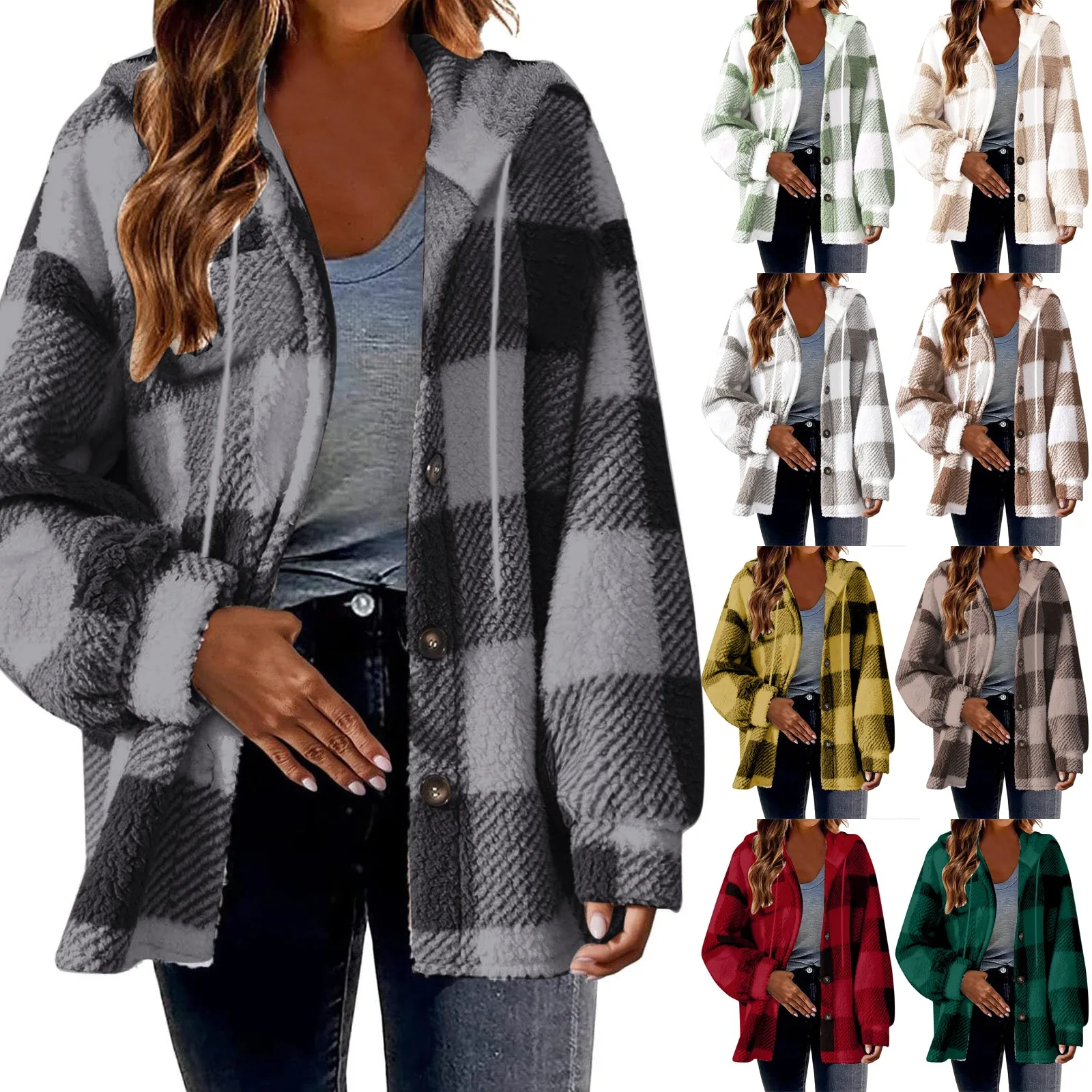 Women's Winter Long Sleeve Coats Warm Plush Hooded Jackets Up Button Windproof Cardigan Trendy Plaid Fuzzy Outerwear