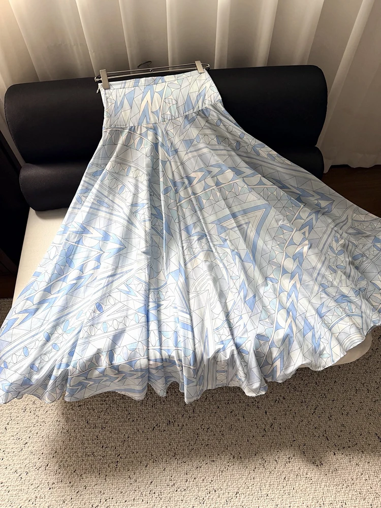 Spring Summer Fashion Geometric Printing Elegant Big Swing Long Skirt Women's Party High Waist Slim A-Line Skirt