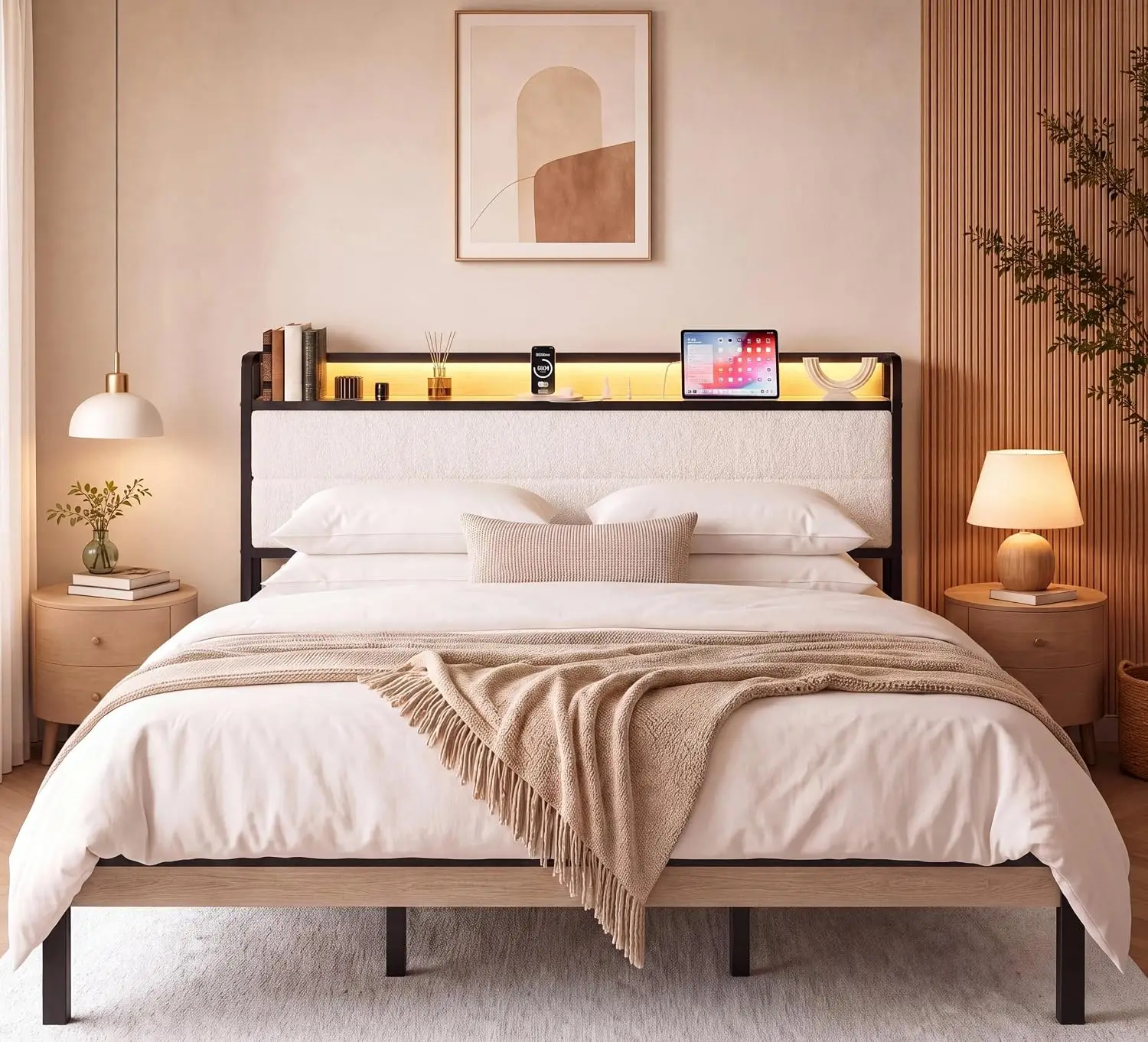 King Size Upholstered Platform Bed Frame with Headboard LED Lights & Charging Station No Box Spring Needed, Customized