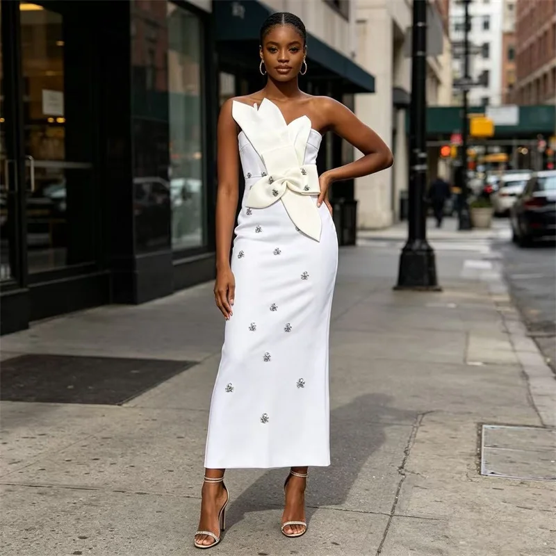 

Sexy Bandage Prom Dress Crystals Strapless Sleeveless Long White Sheath Party Gown Flower Formal Bridal Wedding Birthday Robe
