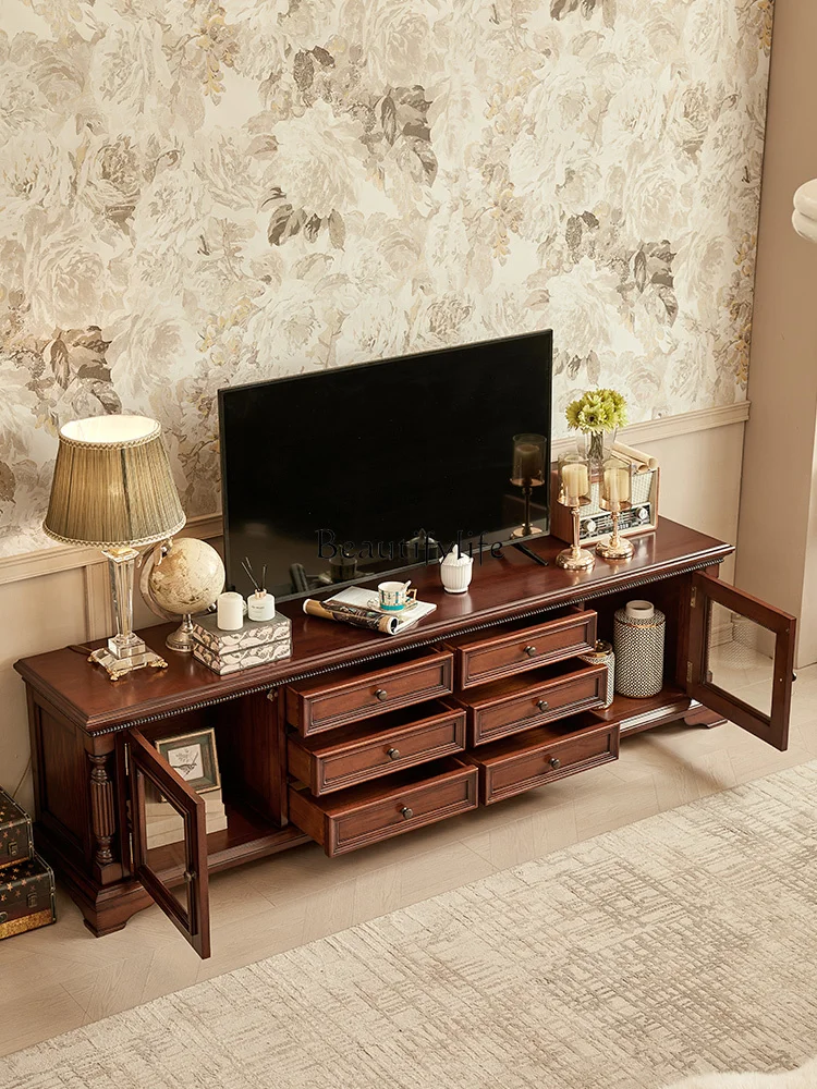 

05-American neoclassical gold silk teak all solid wood TV cabinet