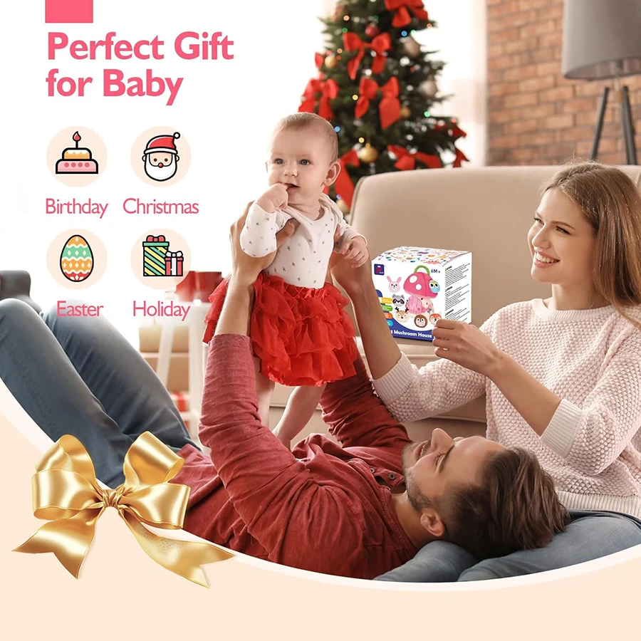 Brinquedos para bebês de 6 a 12 meses, brinquedos montessori para meninas de 6 meses, minha primeira casa de cogumelo com chocalho de animais da selva de pelúcia