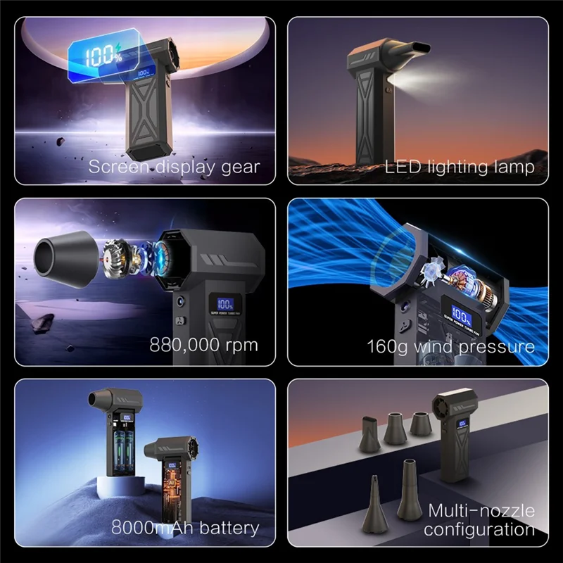 SHGO-Turbo Jet Cordless Portable Air Blower 4-Gear Adjustment LED Lighting Compressed Air Duster Battery Display