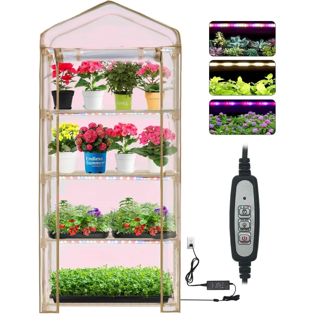 

mini greenhouse with grow light , 4 tier 27.2" ×19.9" ×61.8" portable greenhouse with zippered for seed starting trays , dimmabl