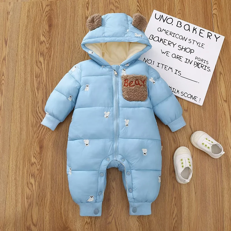 Newborn jumpsuit thickened cotton no-clean romper boys and girls cartoon bear ears jumpsuit warm jumpsuit winter