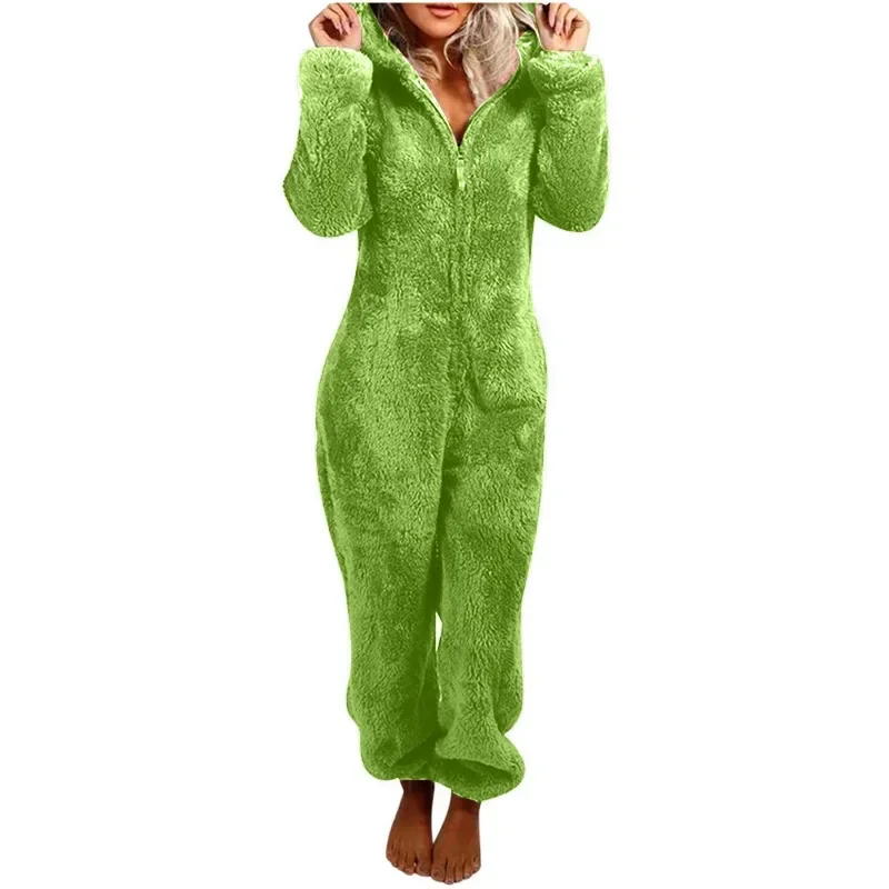 2024 Winter Plush Thickened Plush Jumpsuit Hooded Sleepwear Women Long-Sleeve Zipper Keep Warm Pajamas Homewear Onesies S-5XL