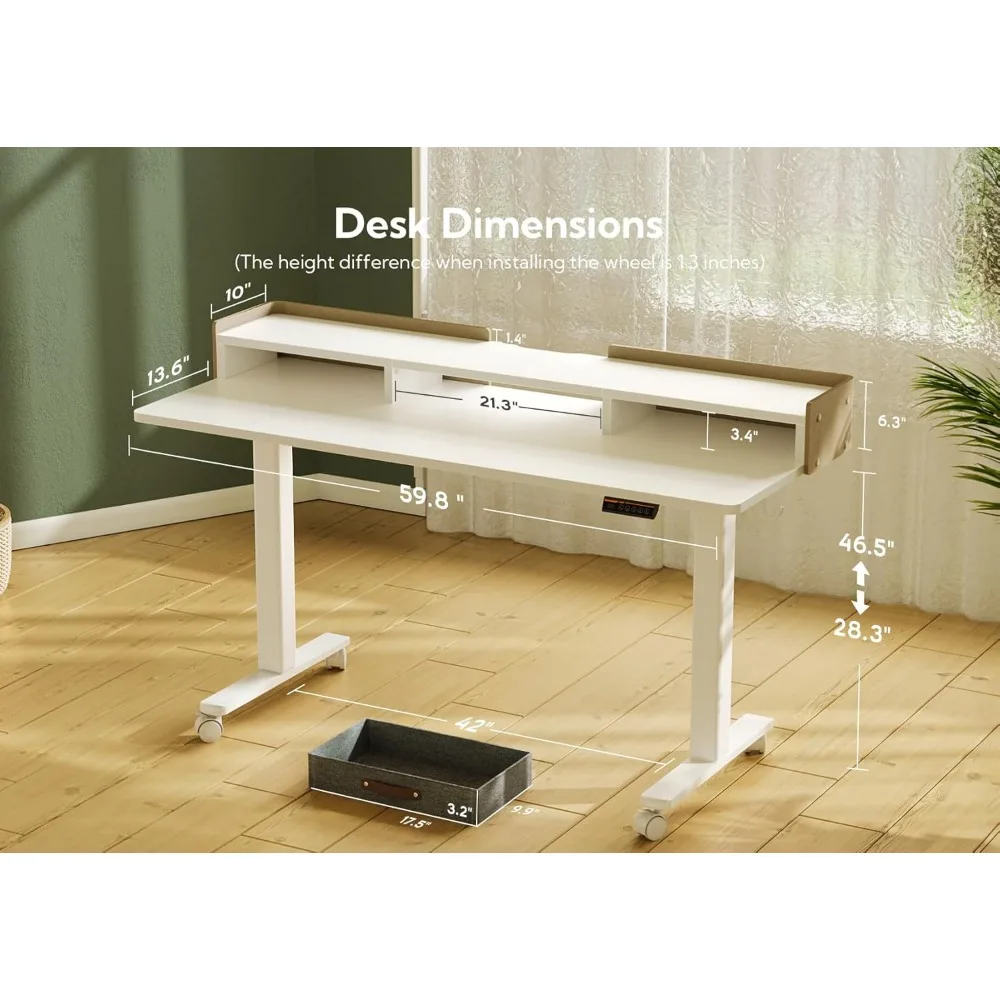 Mesa de pé com gavetas, mesa de pé elétrica ajustável em altura ajustável com prateleira de armazenamento e placa de emenda, 5