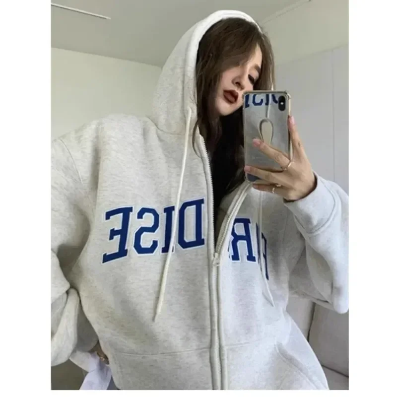 American vintage Autumn and Winter Fleece-lined Hoodie Women Hood Letters Print Zip-up Cardigan Double-layer Cap