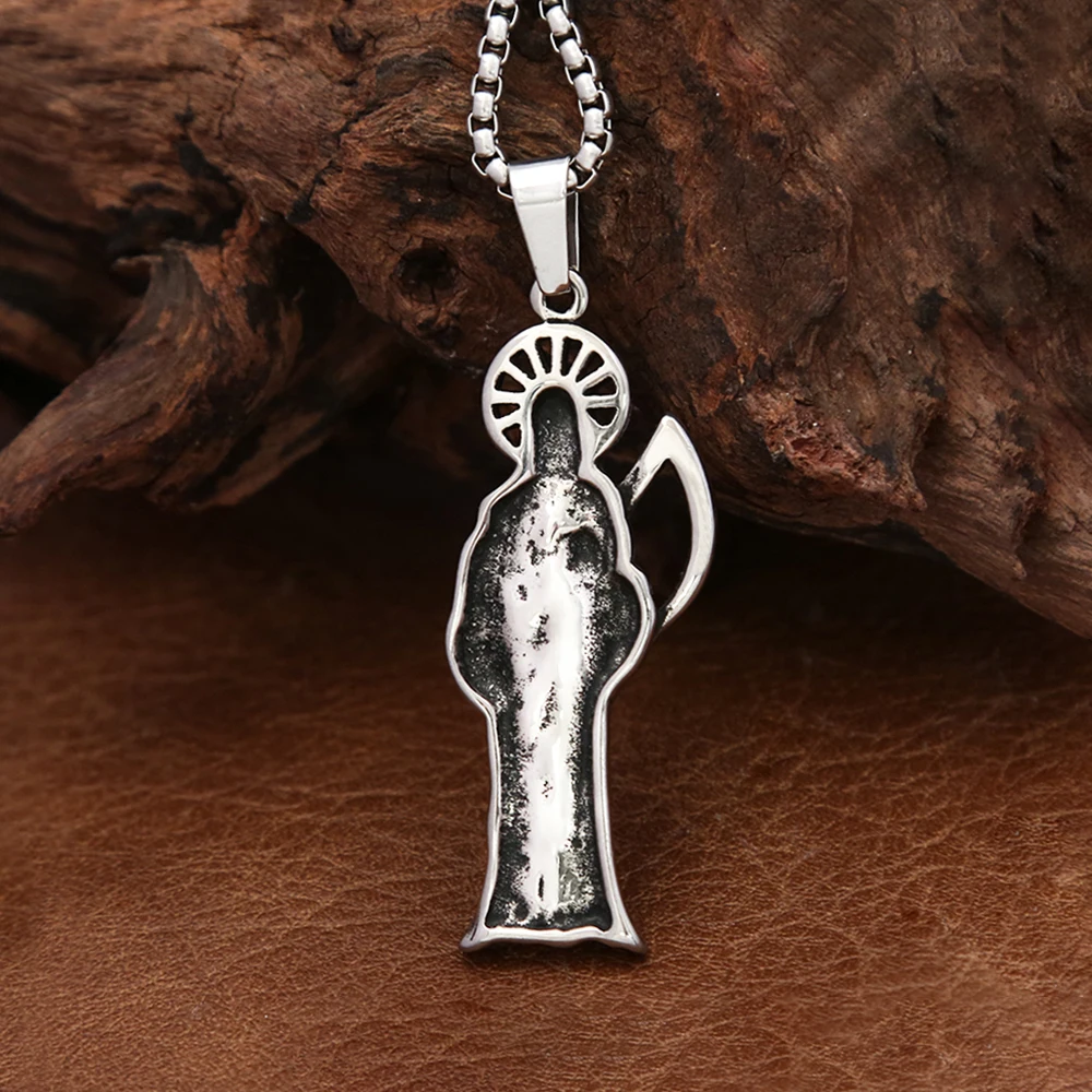 Gothic Vintage Halloween Sickle Death Pendant Necklace for Men Unique Creative Stainless Steel Amulet Fashion Jewelry Wholesale