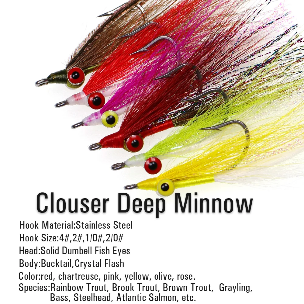 Vtwins 5PCS #4 - #2/0 Stainless Steel Hook Fly Clouser Minnow Bait Grayling Bass Pike Saltwater Artificial Fly Fishing Lure