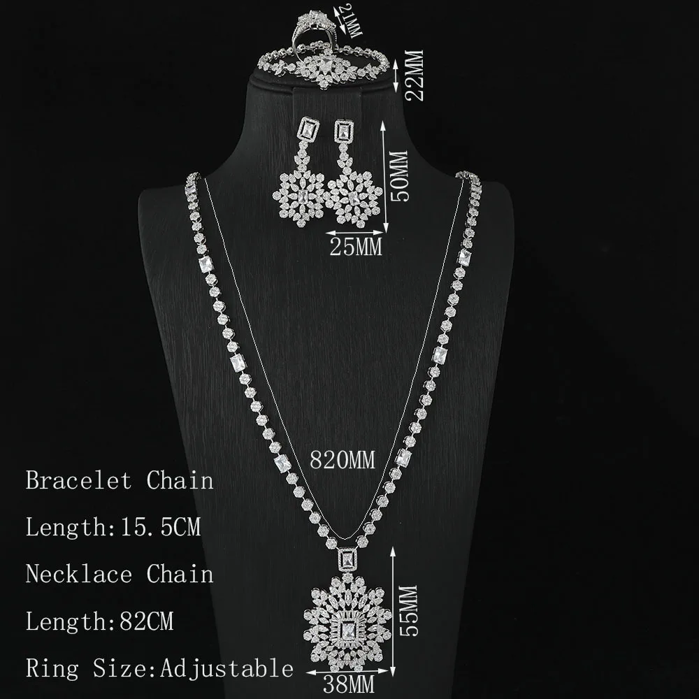 EYER Luxury 4PCS Bridal Zirconia Flower Jewelry Sets For Women Party Banquet CZ Crystal Sweater Long Necklace Wedding Accessori