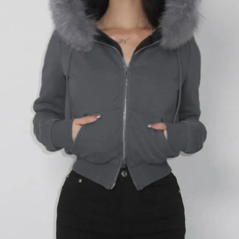 

2025 Retro Loose Solid Color Fleece Warm Double-headed Zipper Cardigan Sweater Autumn and Winter Hooded Fluff Splicing Jacket