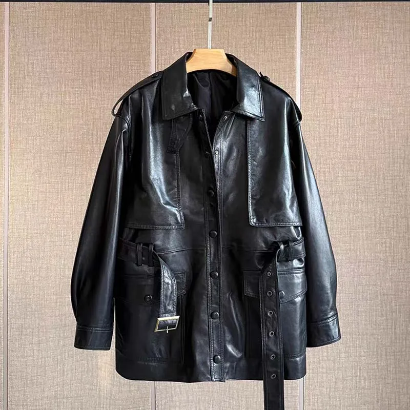 Women coat spring Sheepskin suit jacket two big pockets new fashion genuine leather clothes with belt regular length