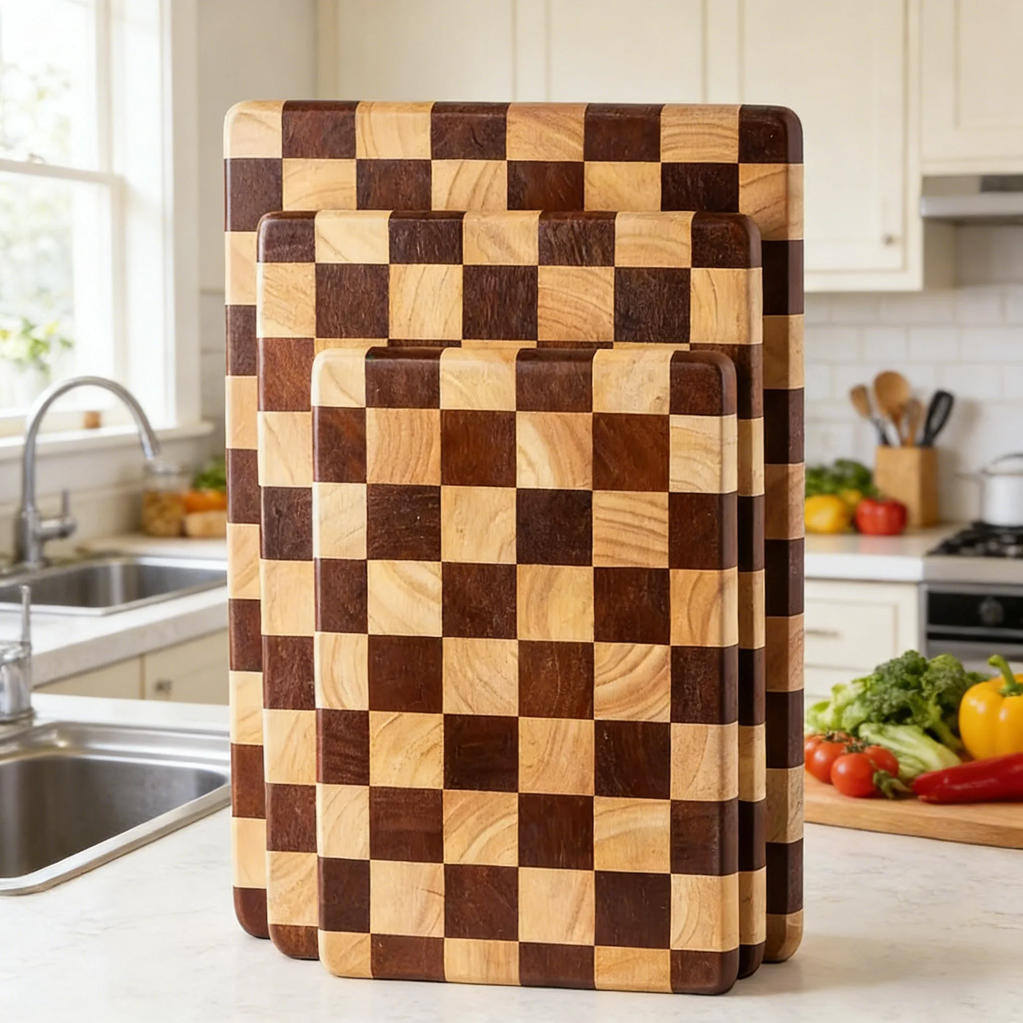 

Acacia Wood Kitchen Board,Natural Splicing checkerboard texture chopping board Solid Wood kitchen Board Non-slip Knife Board
