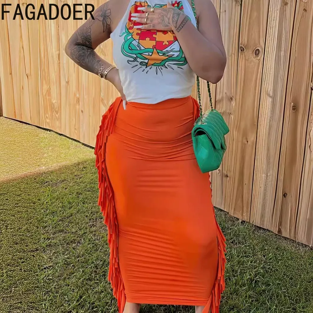 FAGADOER Y2k Street 2 Piece Sets Women Outfit Fashion Print Halter Lace-up Top and High Waist Tassels Skirt Suits INS Trendy