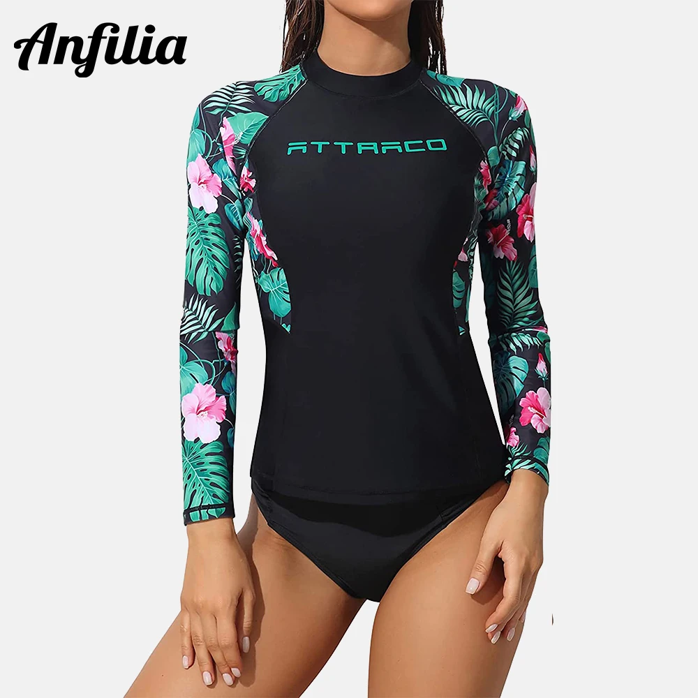 Anfilia Women Long Sleeve Rash Guard Shirts Swimwear Rash Guard Top Surf Top Floral Printing Close-fitting Shirt UPF 50+