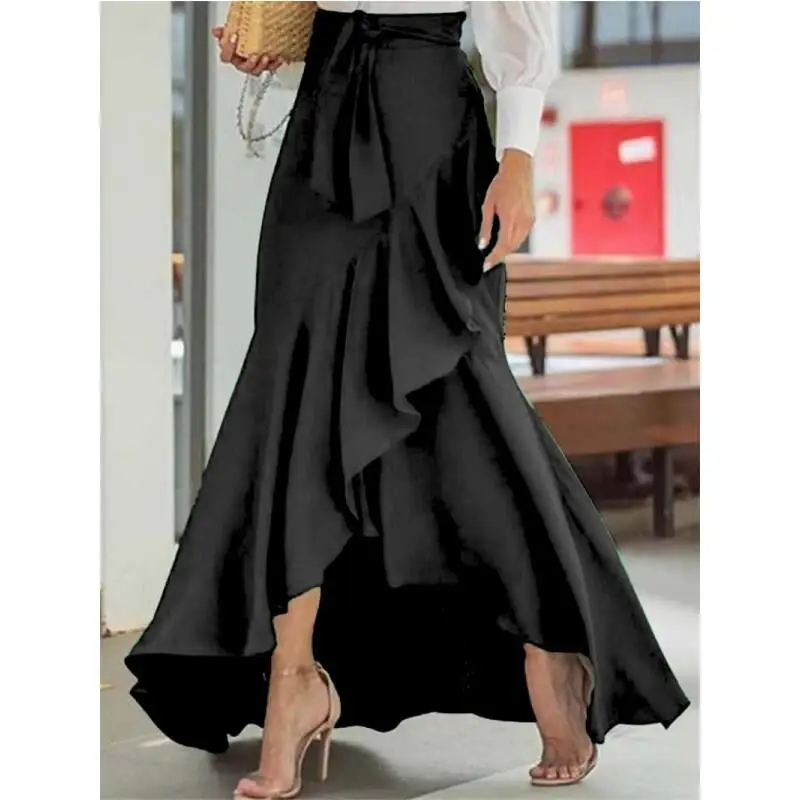 High Waist Belted Casual Women's Skirt Fish Tail Half Body Wrap around Polyester Fiber A-Line Silhouette Autumn Collection