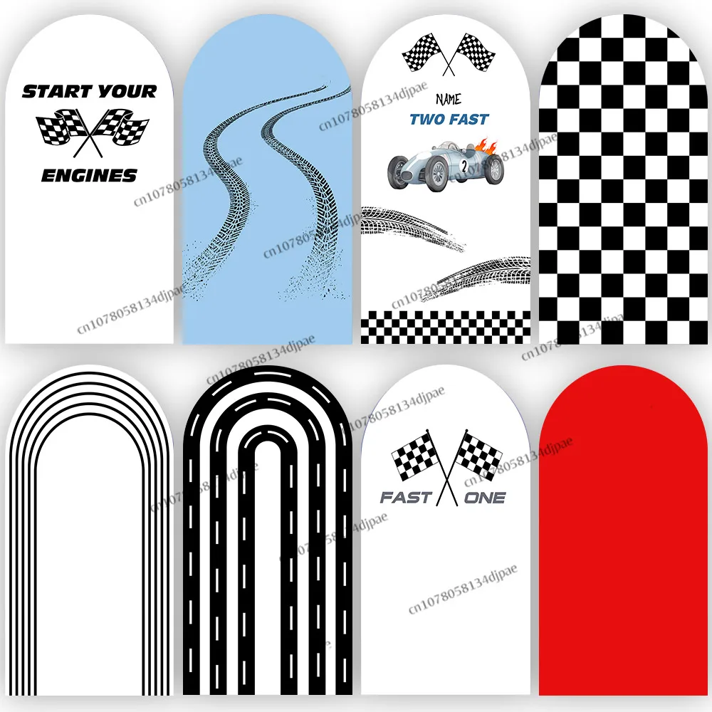 

Two Fast Racing Car Backdrop Arch Cover Boy Birthday Party Background Racetrack Checker Grid Baby Shower Customize Name Decor