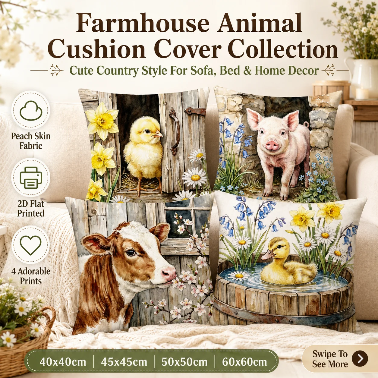 

Farmhouse Animal Cushion Cover 2D Flat Printed Peach Skin Pillowcase Cute Cow Pig Duck Chick Decor for Sofa Bed Living Room