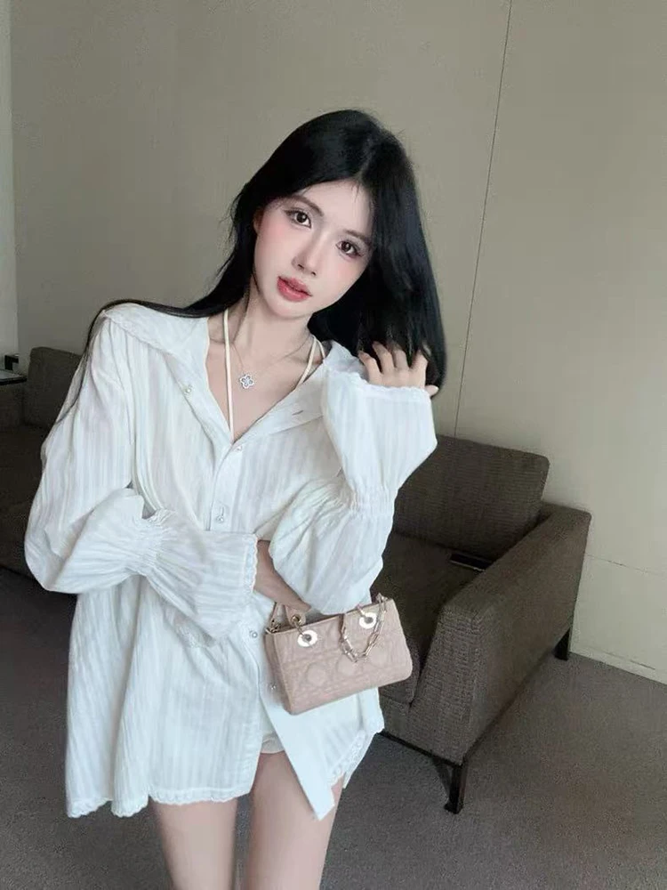 Summer Thin Striped Hoodie Women Y2K Fashion Loose Long Sleeve Sun Protection Shirt Female Korean Chic Single Breasted Blouse