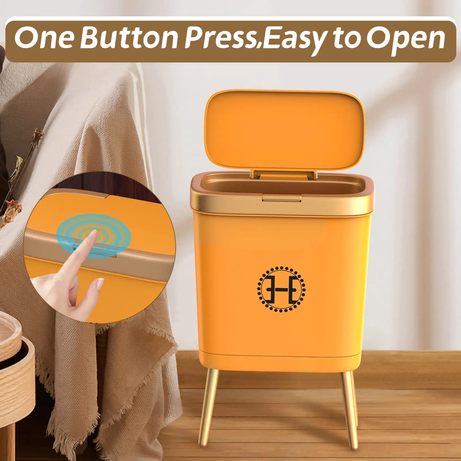 Bedroom Trash Can with Lid,Slim Bathroom Cans Lids, Dog Proof Press Top Lid,Modern Gold Plastic Waste Basket for Office,Kitchen