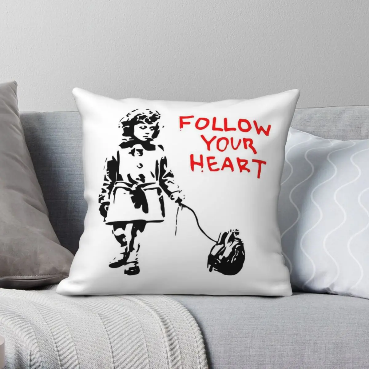 Banksy Follow Your Heart Square Pillowcase Polyester Linen Velvet Creative Zip Pillow Case Sofa Seater Cushion Case 45x45