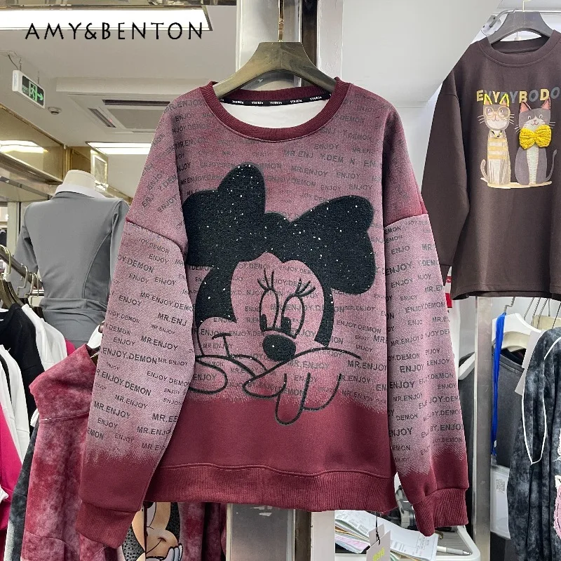 

2025 Winter New Heavy Sequin Cartoon Fleece Sweatshirt For Women's Loose Fashion Versatile Top Long-sleeves O-neck Hoodies Coat