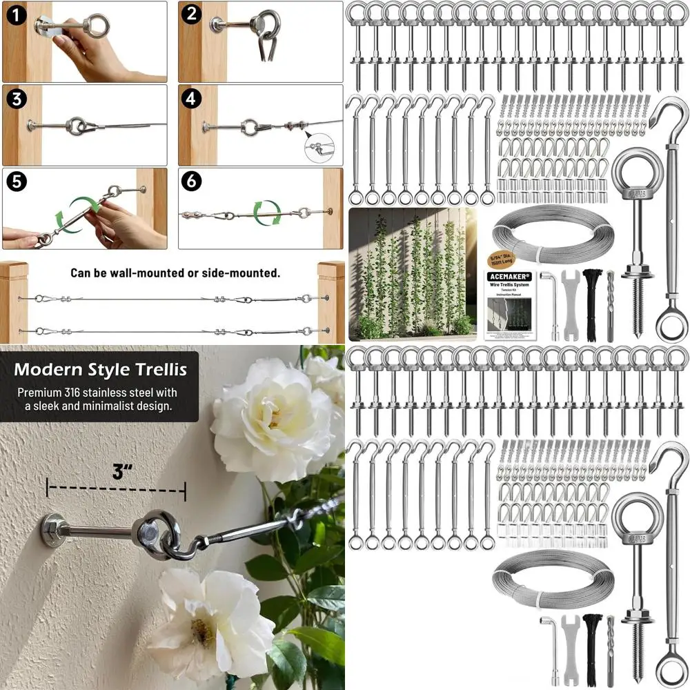 

Outdoor Climbing Plant Support System: 2mm x 150ft Stainless Steel Cable and Turnbuckle for Garden DIY