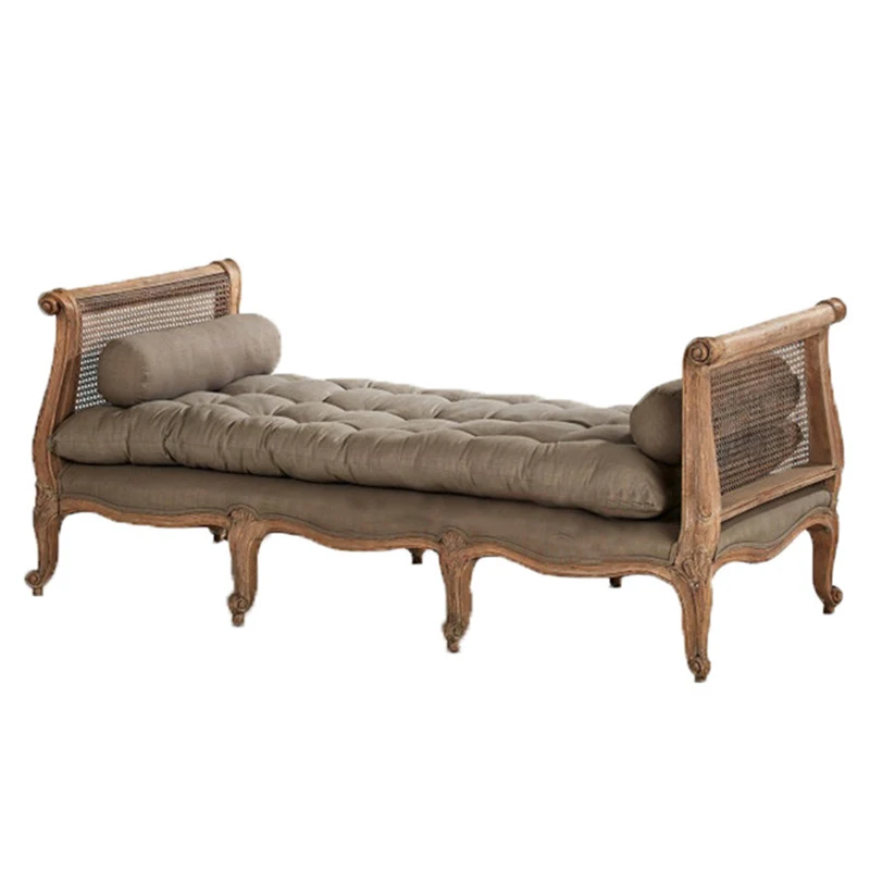 Solid wood rattan fabric nap sofa bed retro old living room imperial concubine couch end stool