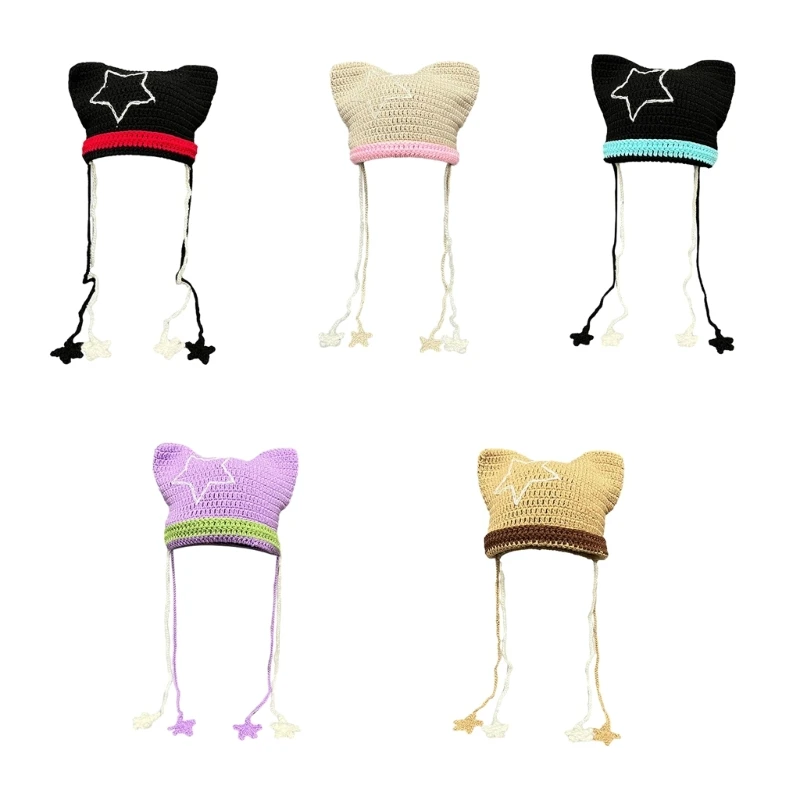 

Y2K Girls Cat Ear Hat Crochet Star Knit Beanie Cap Harajuku Women Autumn Winter Outdoor Windproof Cycling Hat Party Photo Props