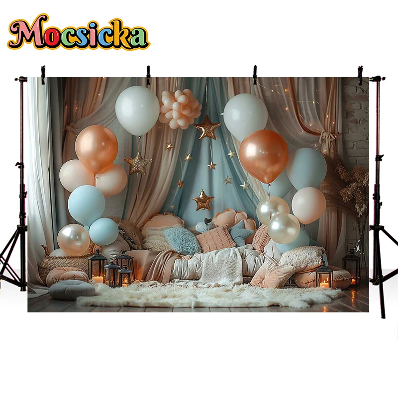 Mocsicka Photography Backgrounds Indoor Balloon Tassel Curtains Decor Kids Birthday Party Cake Smash Backdrop Photo Studio