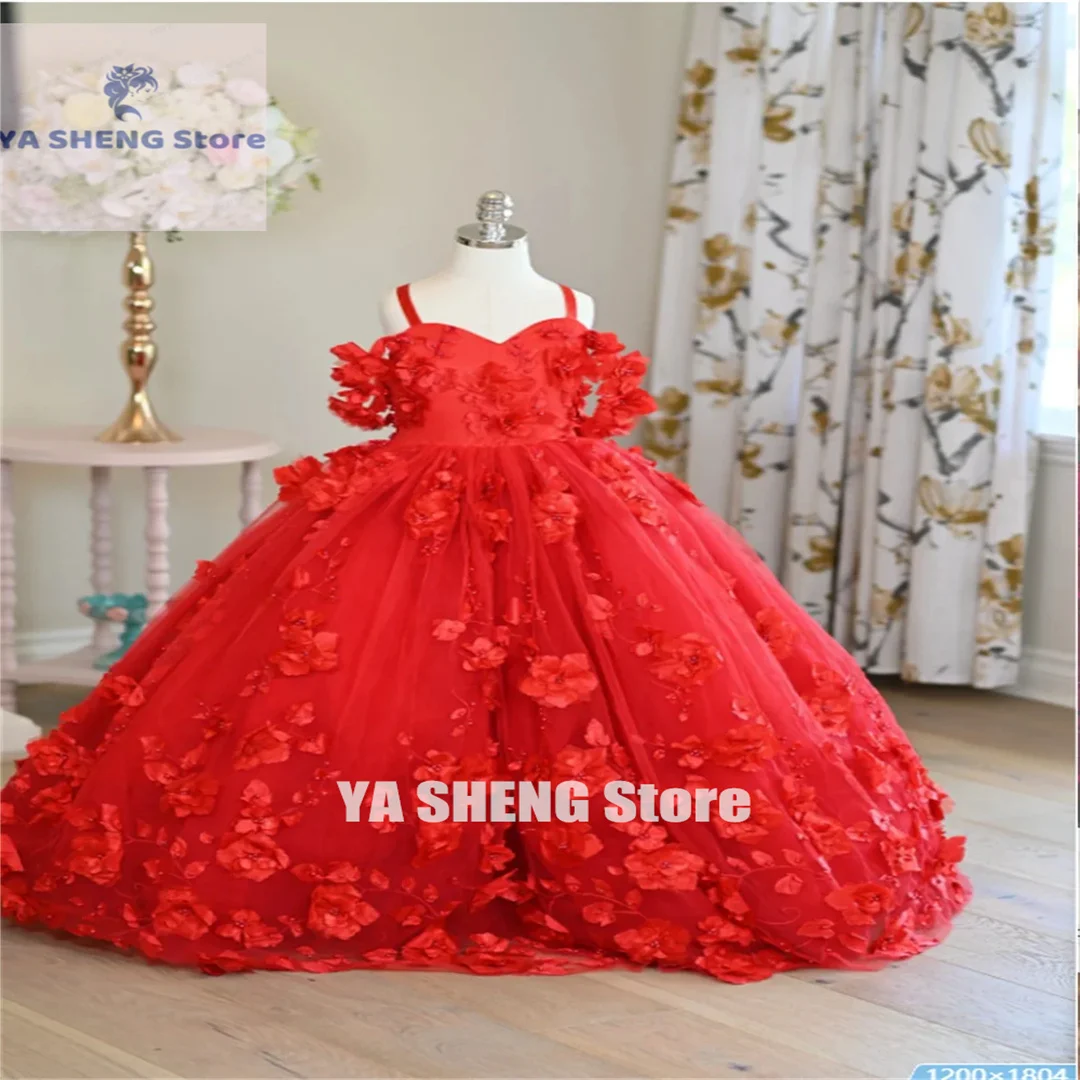 

Luxury 3D Applique Flower Girl Dresses For Wedding Ruffles Floral Toddler Pageant Gowns Tulle Princess Kids Birthday Dress