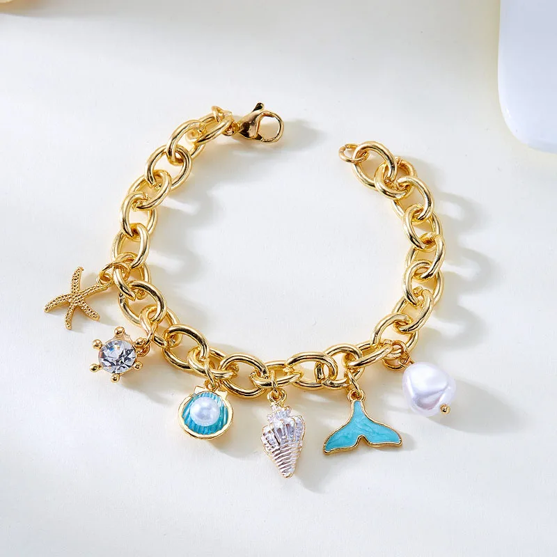 

Summer Beach Sea Shell Starfish Charm Bracelet for Women Mermaid Tail Pearl Pendants Ocean Theme Hand Chains Wristband Jewelry