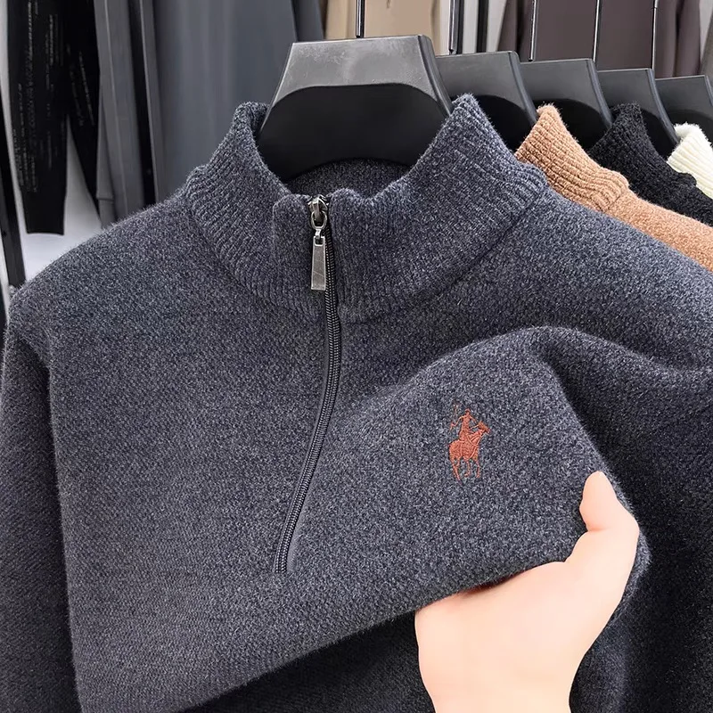 Luxury brand zipper stand up collar sweater men casual trendy ponytail embroidery design winter new plush warm knit pullover