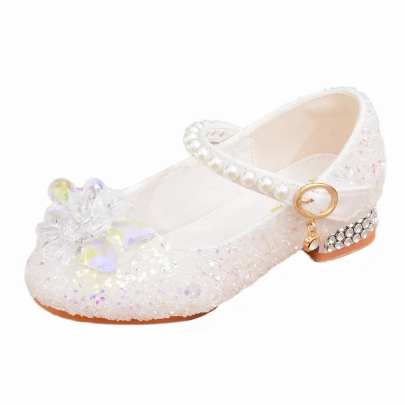 Girls Princess Leatehr Shoes Wedding Children High Heels Shiny Crystal Big Diamond Kids Dance Party Student Performance Shoes