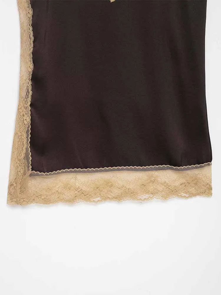 European and American style winter new fashion women's clothing casual versatile simple sleeveless silk satin lace top and skirt