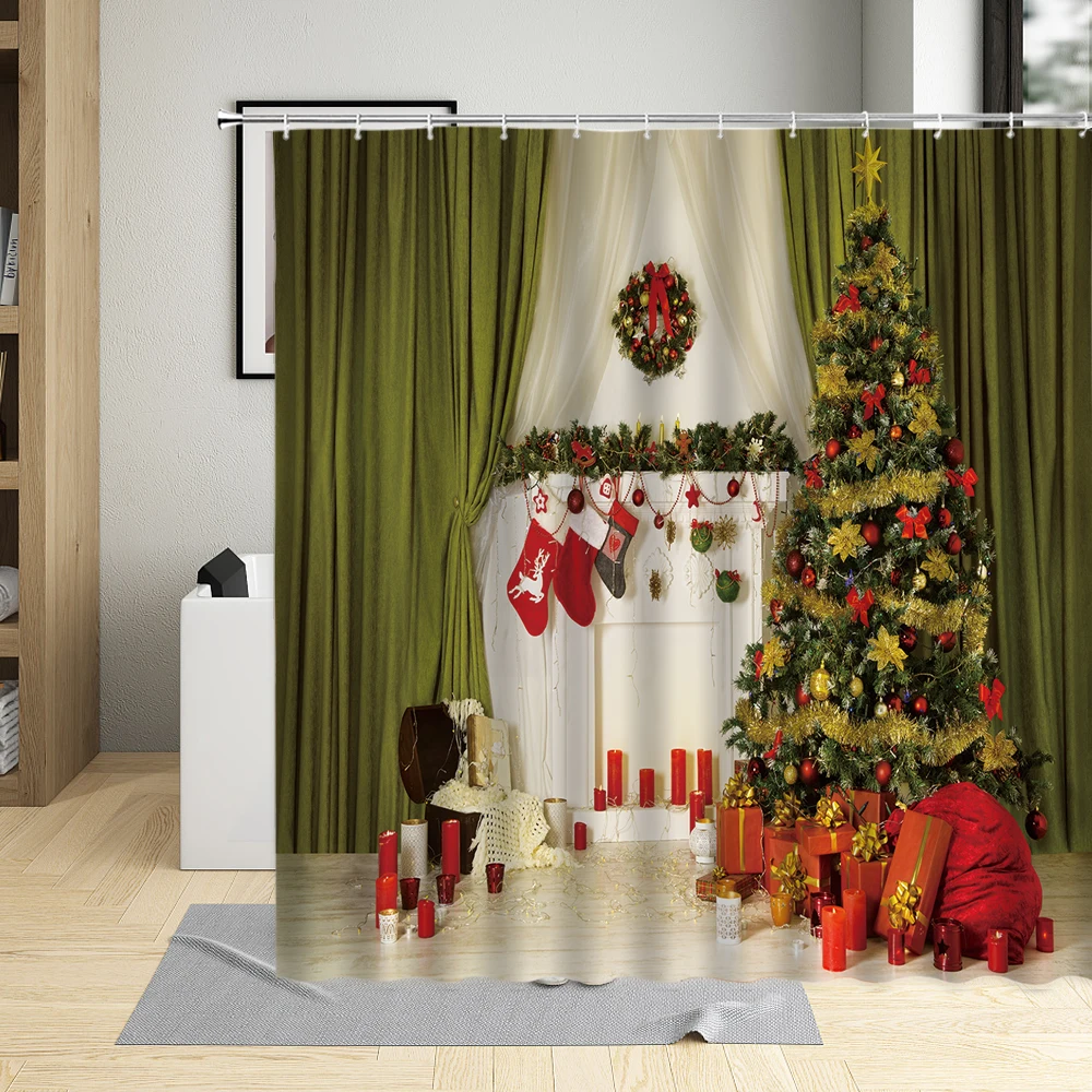 Merry Christmas Shower Curtain Set Xmas Tree Fireplace Sock Christmas Decoration Holiday Gift Wall Cloth Polyester Curtains Hook