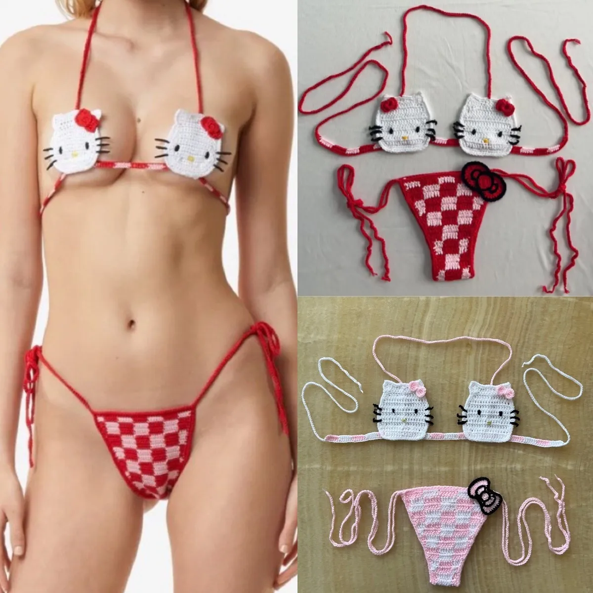 

Hello Kitty Sexy Micro Bikini Set Women Summer Bathing Suit 2024 Fashion Knitting Kitty Cat Y2k Swimsuit Beach Women Thong Swim