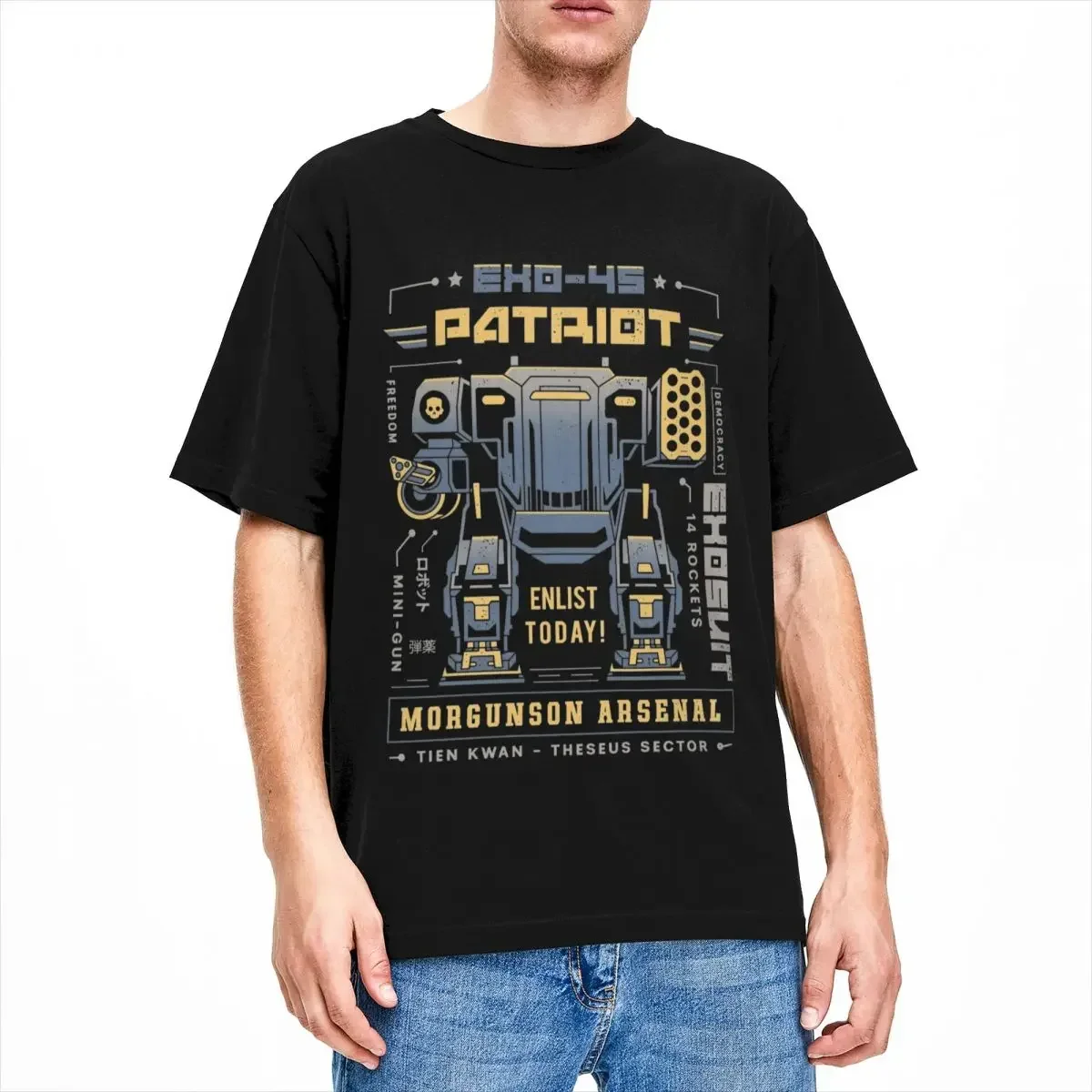 Helldivers Democracy Patriot Mech T-Shirt for Men Leisure Cotton Tees O Neck Short Sleeve T Shirt Gift Tops