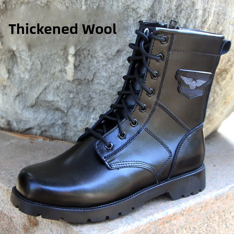 

Thiened Wool Cotton Boots Men's High-Top Winter Outdoor Genuine Leather Warm Snowproof Work Boots Wear-Resistant Rubber