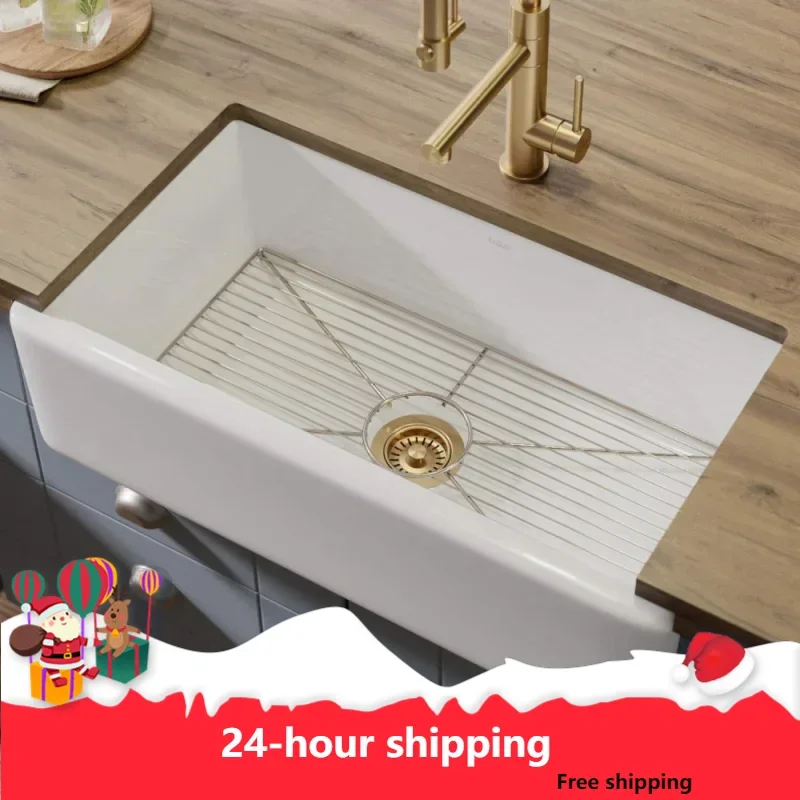 

Reversible 33-inch Fireclay Farmhouse Flat Apron Front Single Bowl Kitchen Sink with Bottom Grid in Gloss White